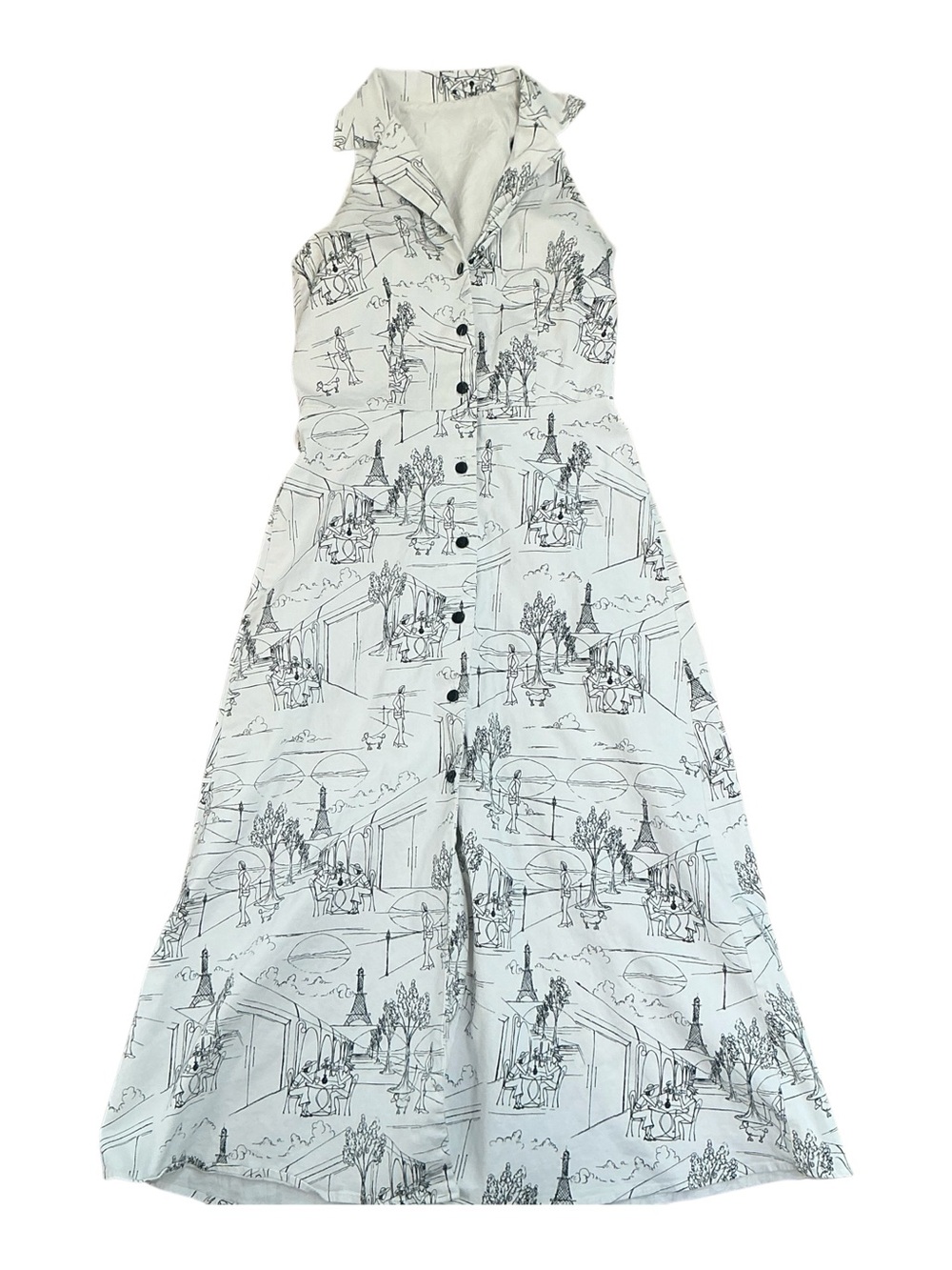 Vintage sleeveless button front black and white city-inspired toile print dress